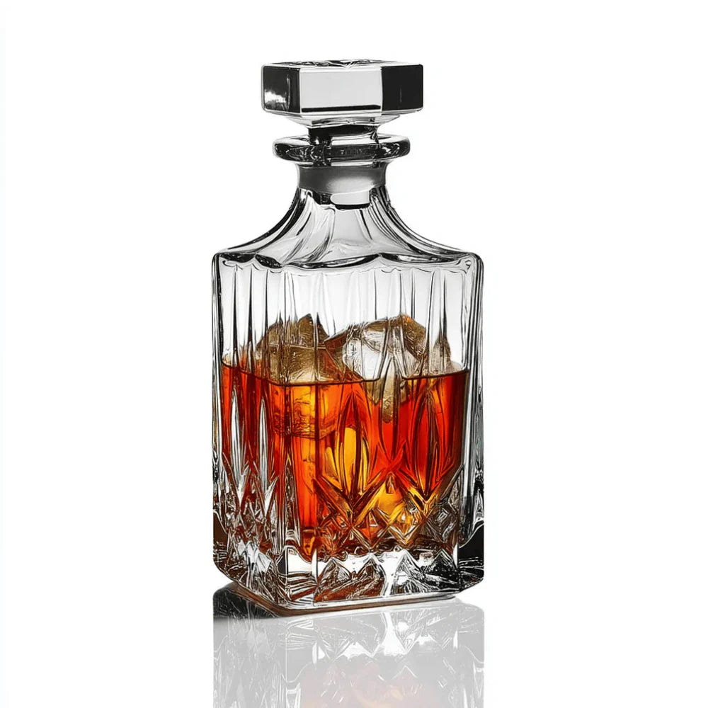 Clear glass whiskey decanter with a silver lid filled with whiskey and ice cubes on a white background