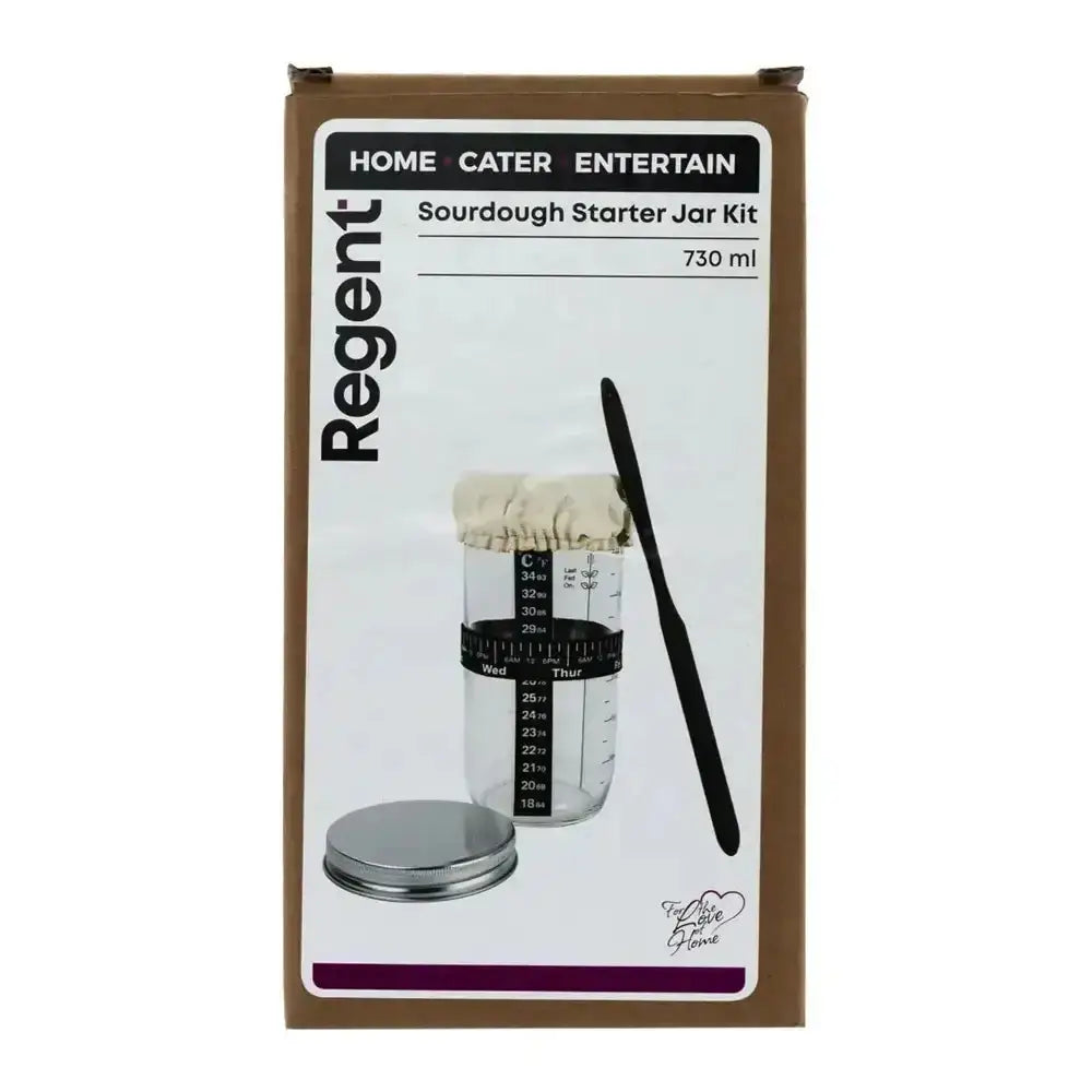 Regent sourdough starter jar kit 730ml clear glass jar with measurement markings and beige fabric lid for baking