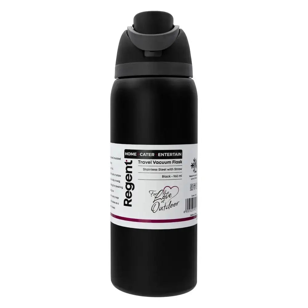Black travel vacuum flask with Regent branding on a white background