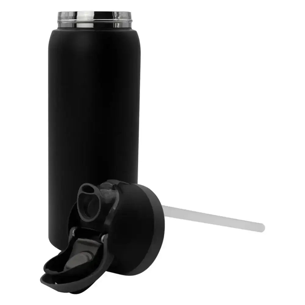 Black insulated bottle with straw lid on a white background