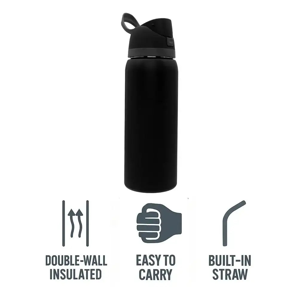 Black insulated water bottle with built-in straw on a white background