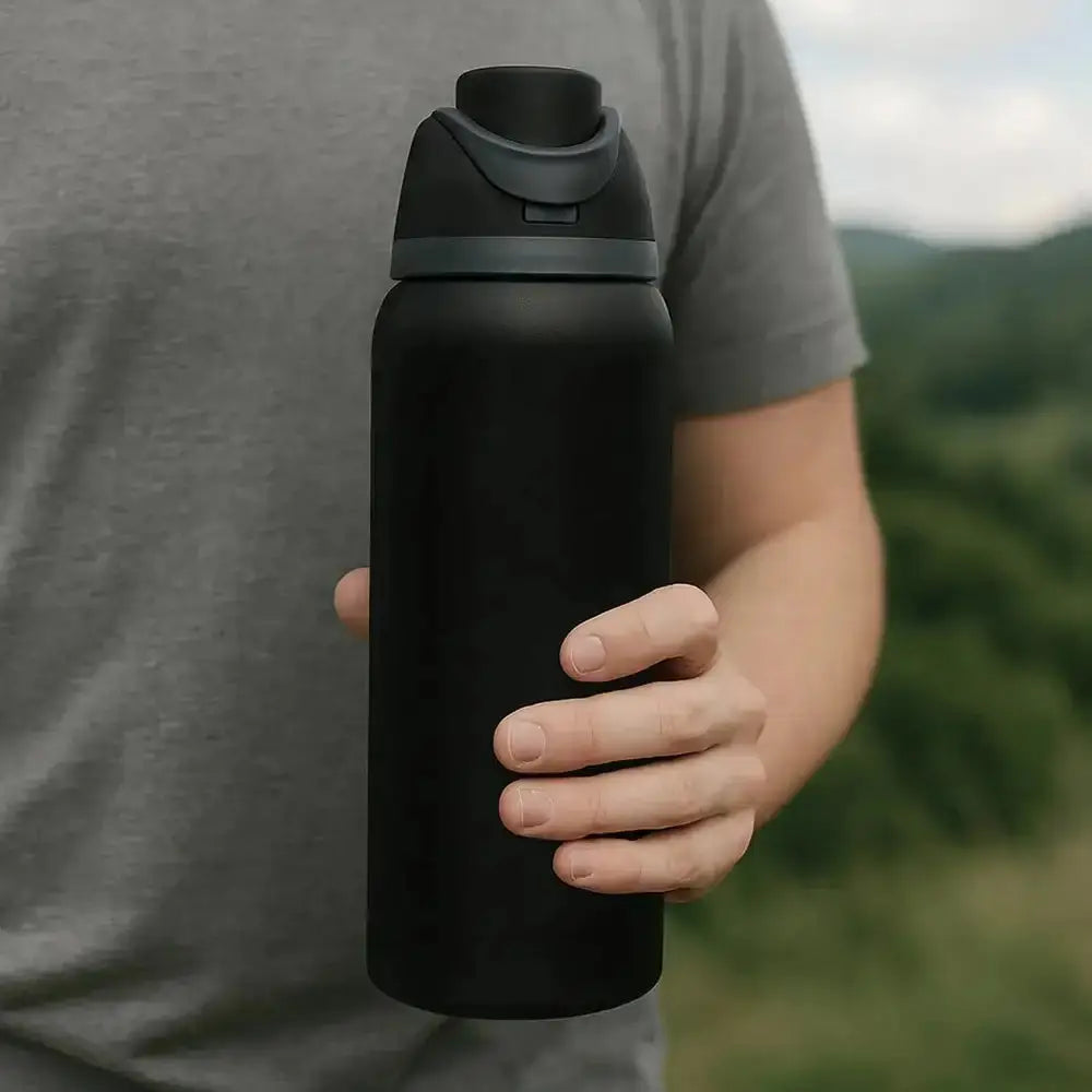 Person holding a black water bottle with a mountainous background