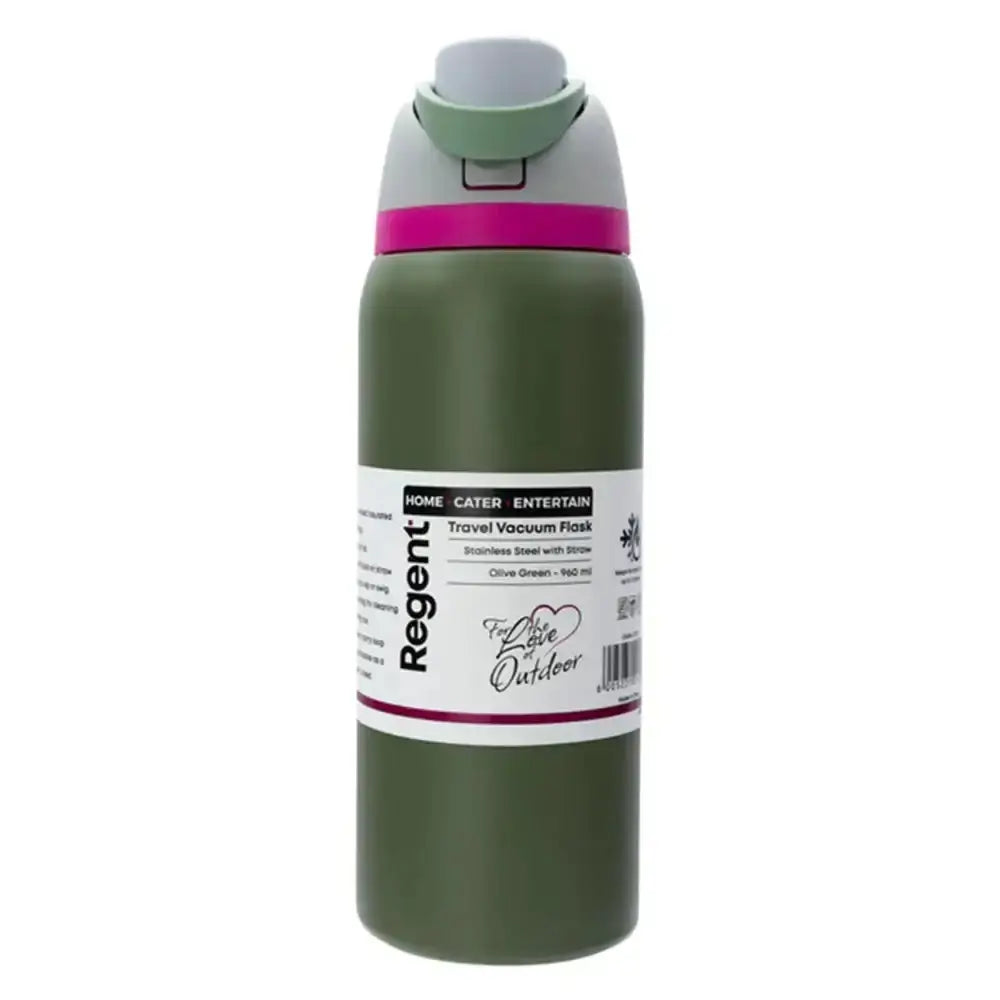 Green travel vacuum flask with a label on a white background