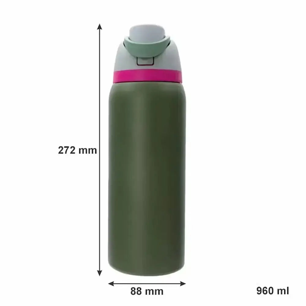 Green water bottle with measurements on a white background