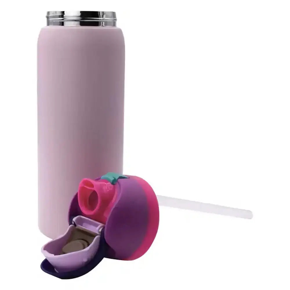 Pink water bottle with a purple lid and straw on a white background