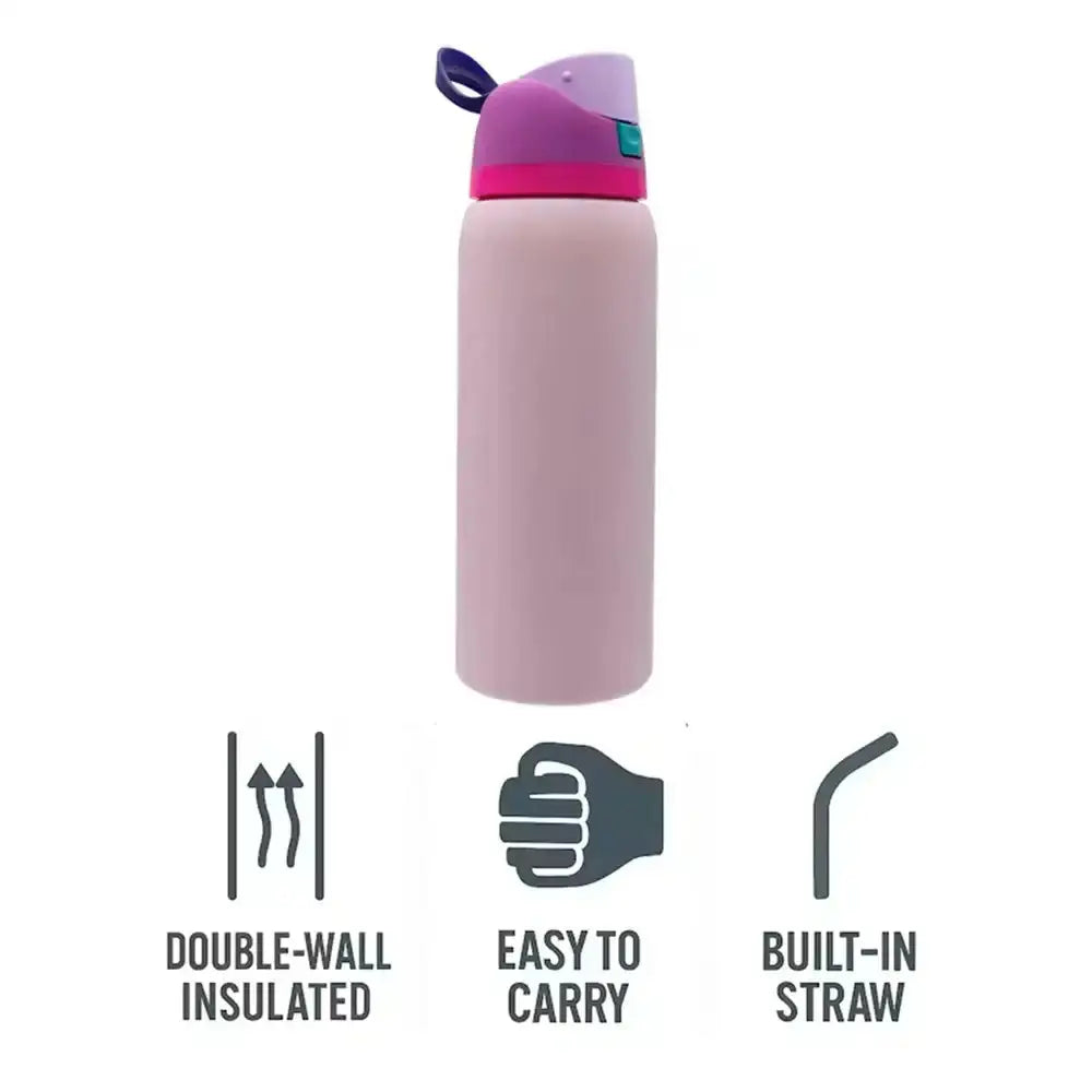 Pink water bottle with purple cap on a white background, featuring icons and text about bottle features.
