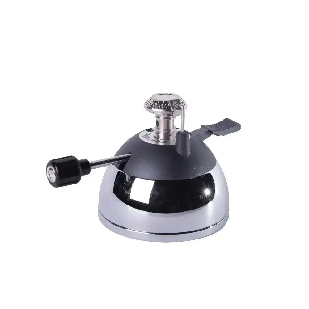 Shiny chrome rekrow micro refillable butane burner with black handle and textured top cap service bell