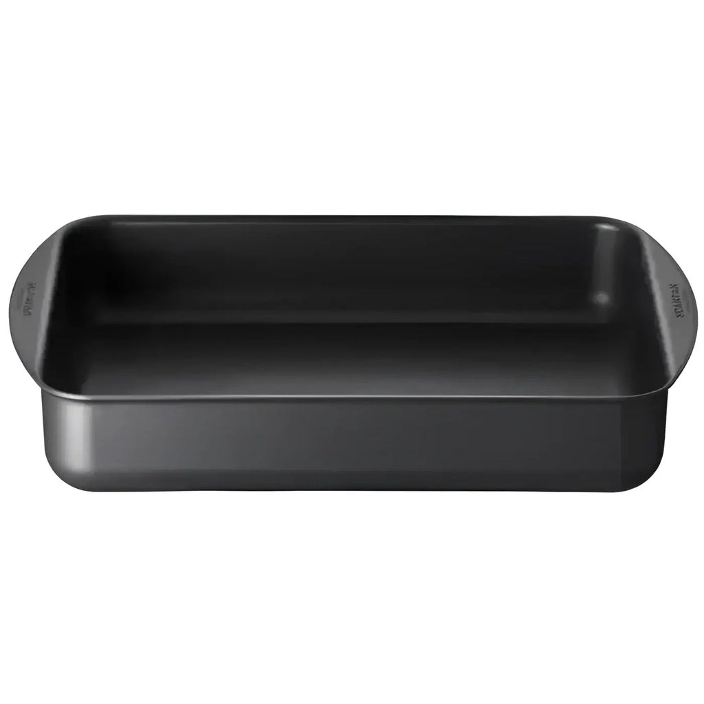 Black rectangular baking dish on a white background