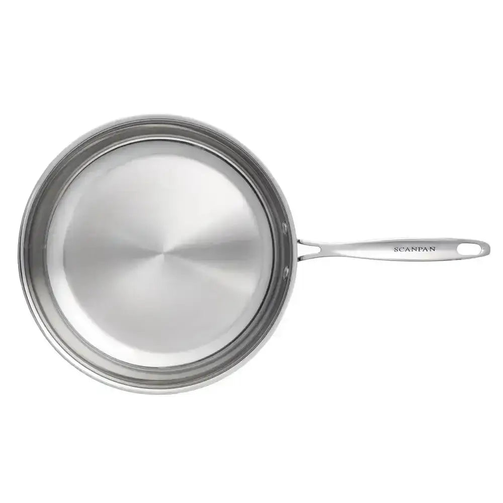 Stainless steel frying pan with handle on a white background