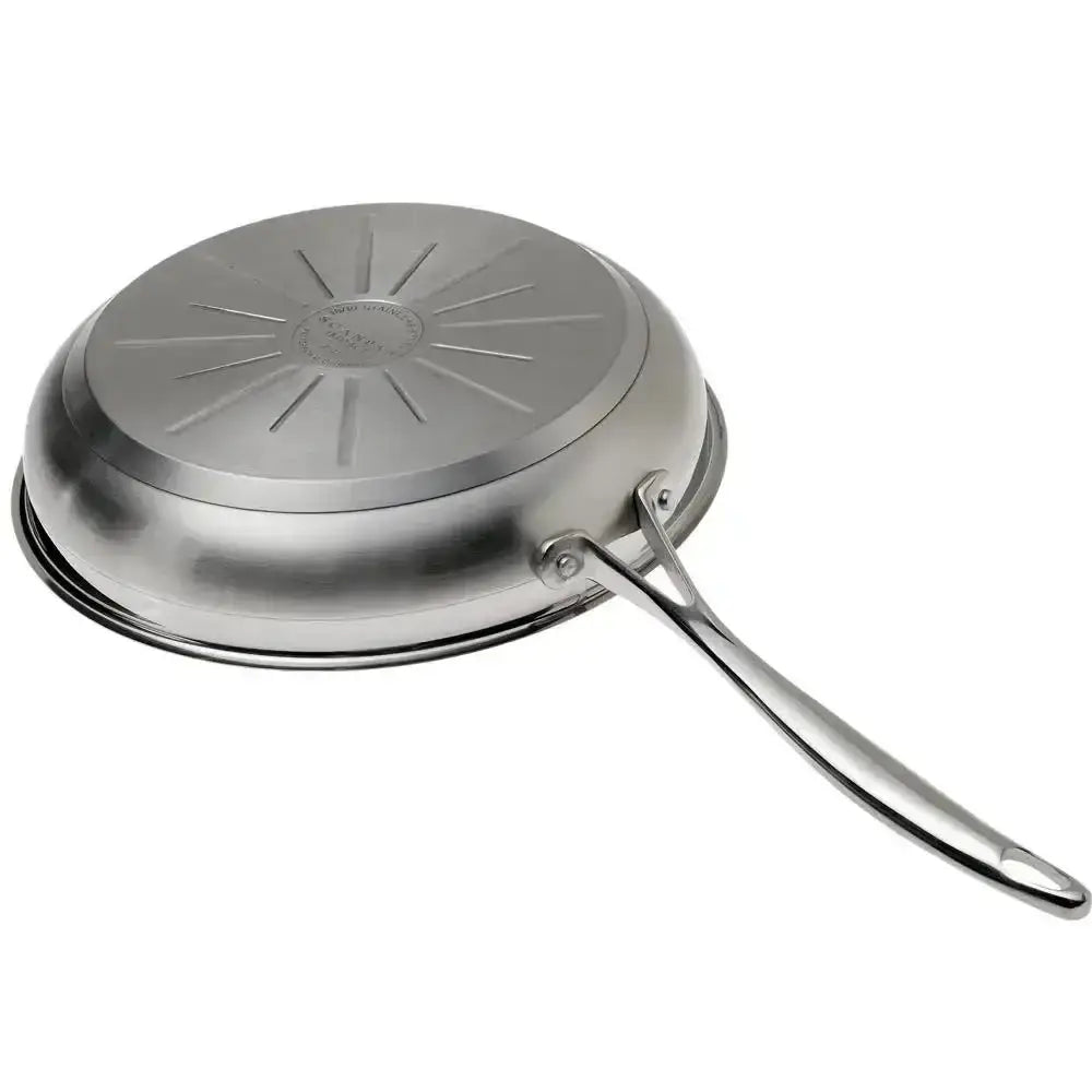 Stainless steel frying pan with lid on a white background