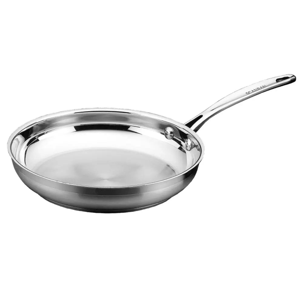 Stainless steel frying pan on a white background