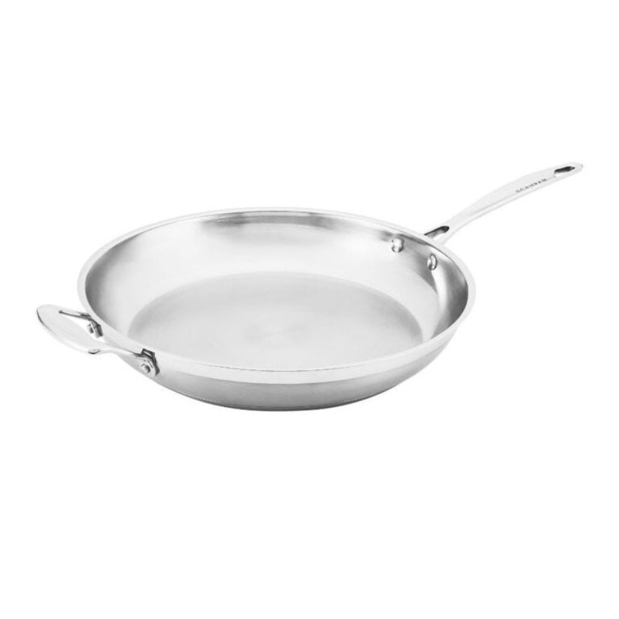 Stainless steel frying pan on a white background