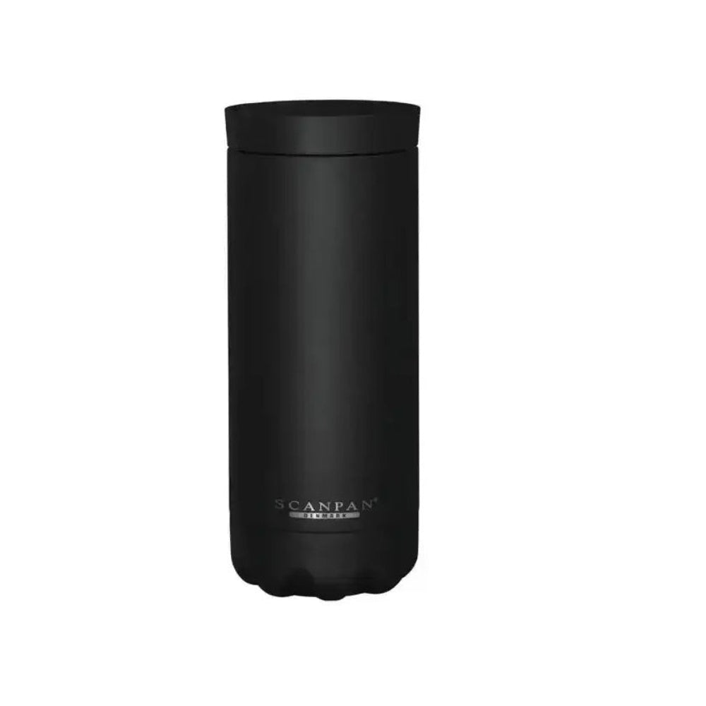 Black tumbler with 'Scanpan' branding on a white background