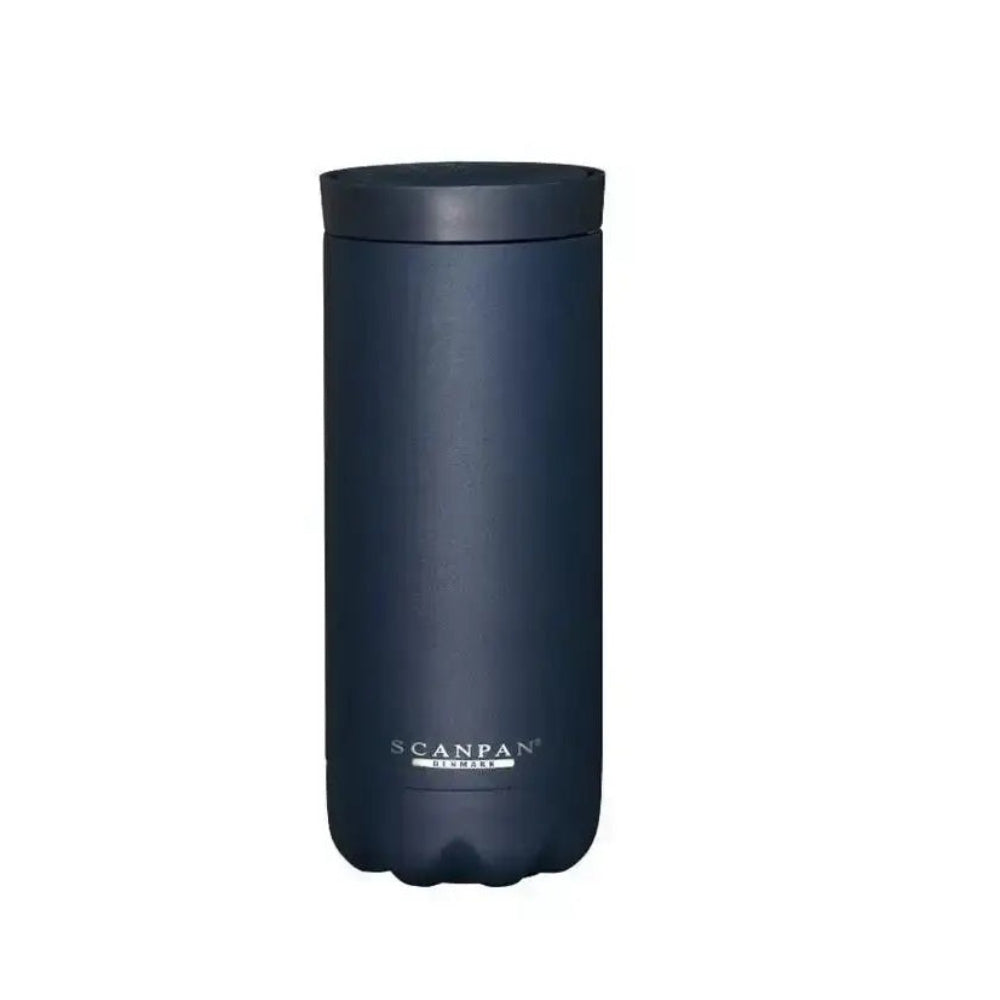 Navy blue tumbler with 'Scanpan' branding on a white background