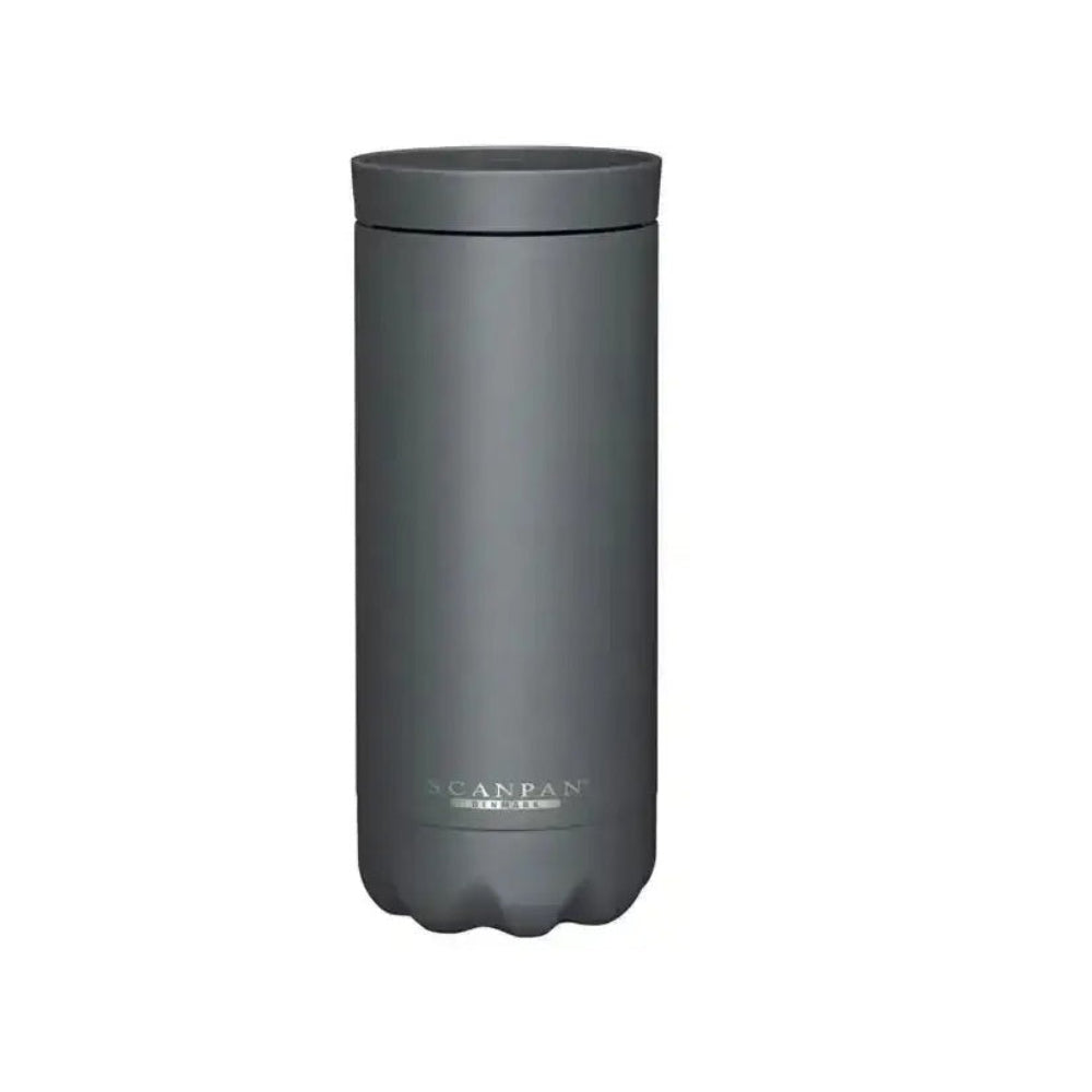 Dark gray coffee tumbler with Scanpan branding on a white background