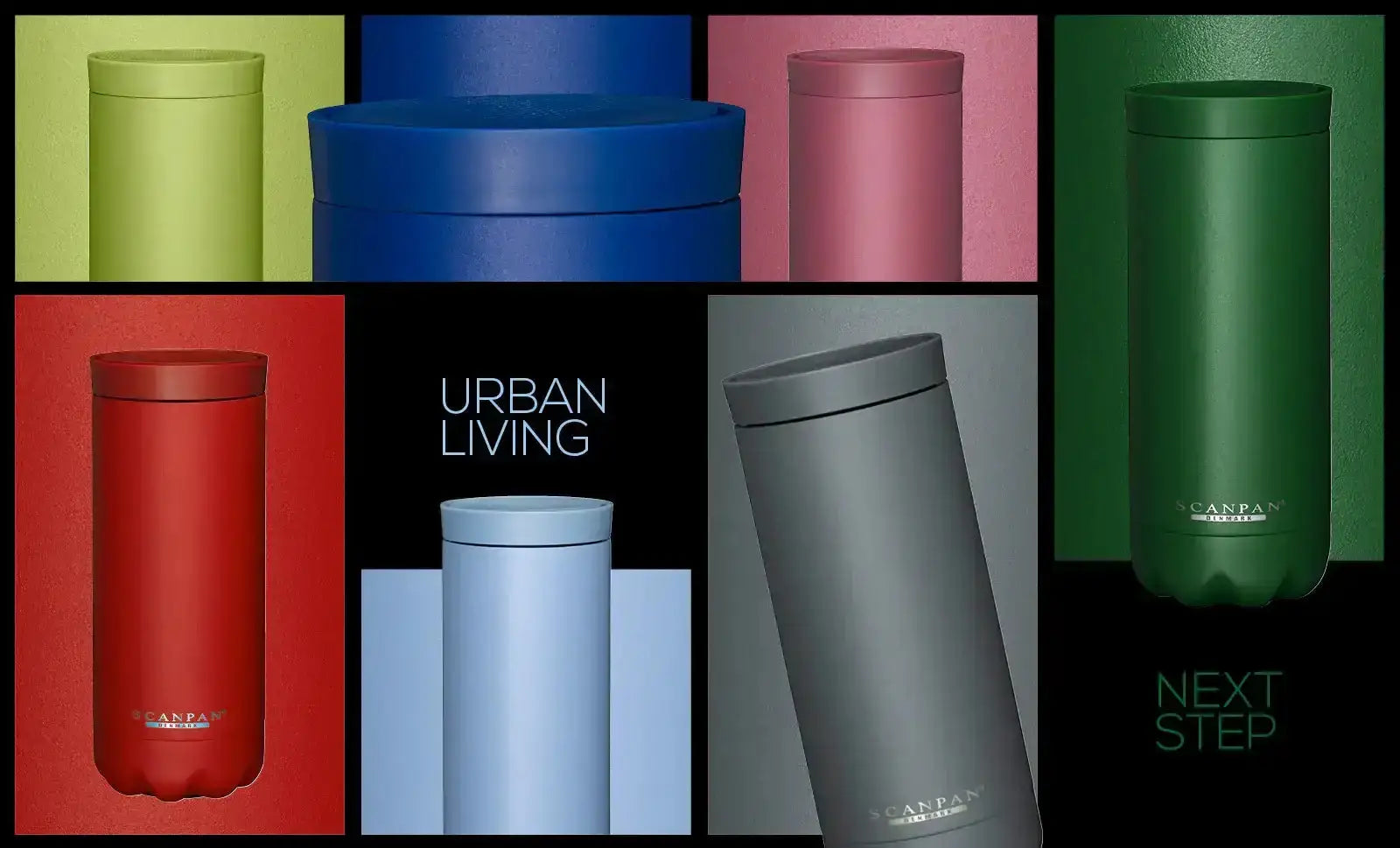 Collage of colorful tumblers with 'Urban Living' and 'Next Step' text on a black background.