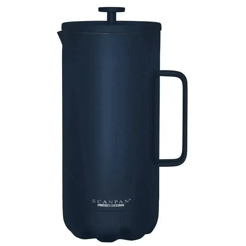 Navy blue French press coffee maker with handle on a white background