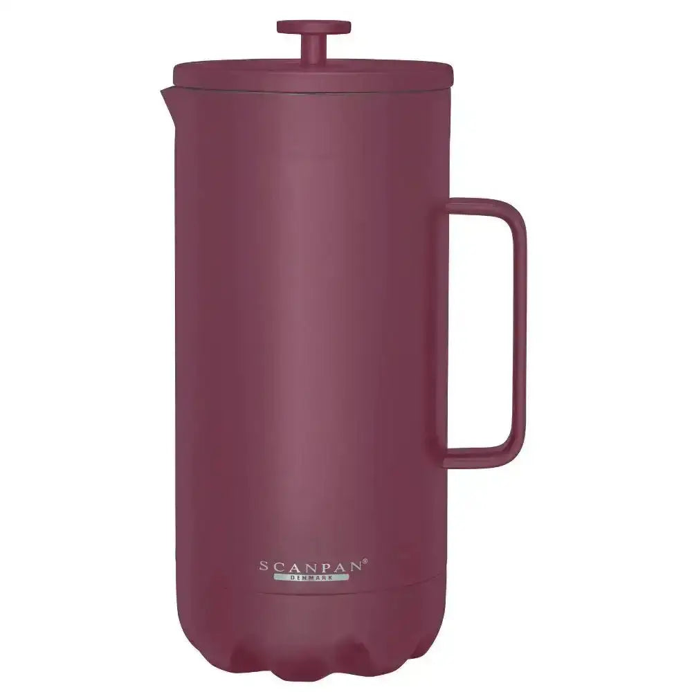 Maroon French press coffee maker with handle on a white background