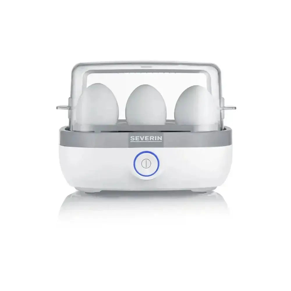 Electric egg boiler with three eggs and transparent lid for easy kitchen cooking