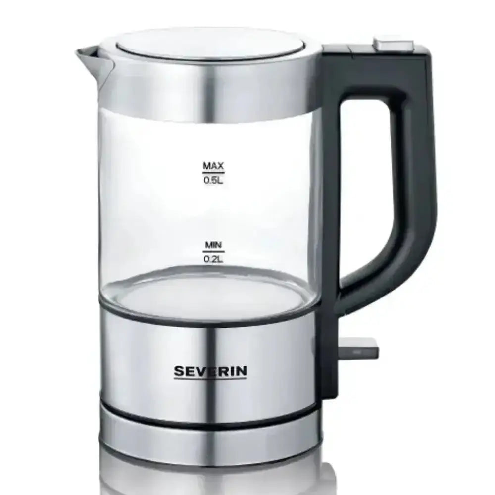 Glass electric kettle with metal base and black handle on a white background