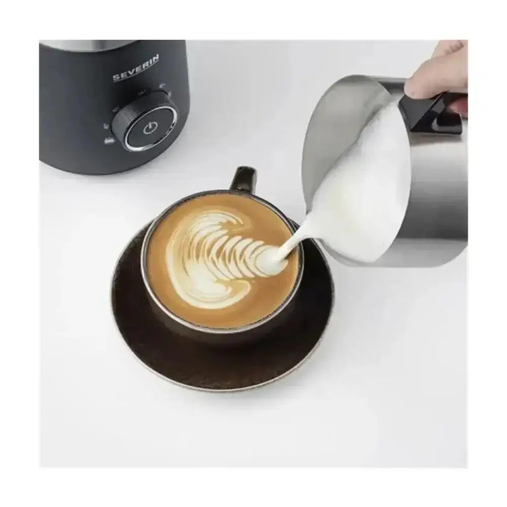 A sleek black Severin Spuma 700 Plus induction milk frother with a circular power button and control dial
