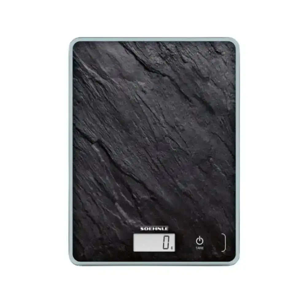 Digital kitchen scale with black slate textured surface and LCD display