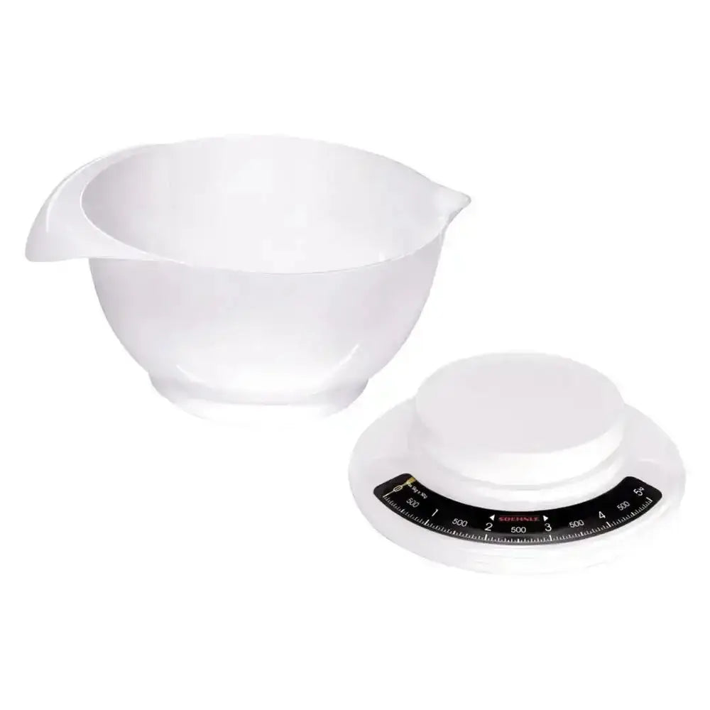 White mixing bowl and digital kitchen scale on a white background