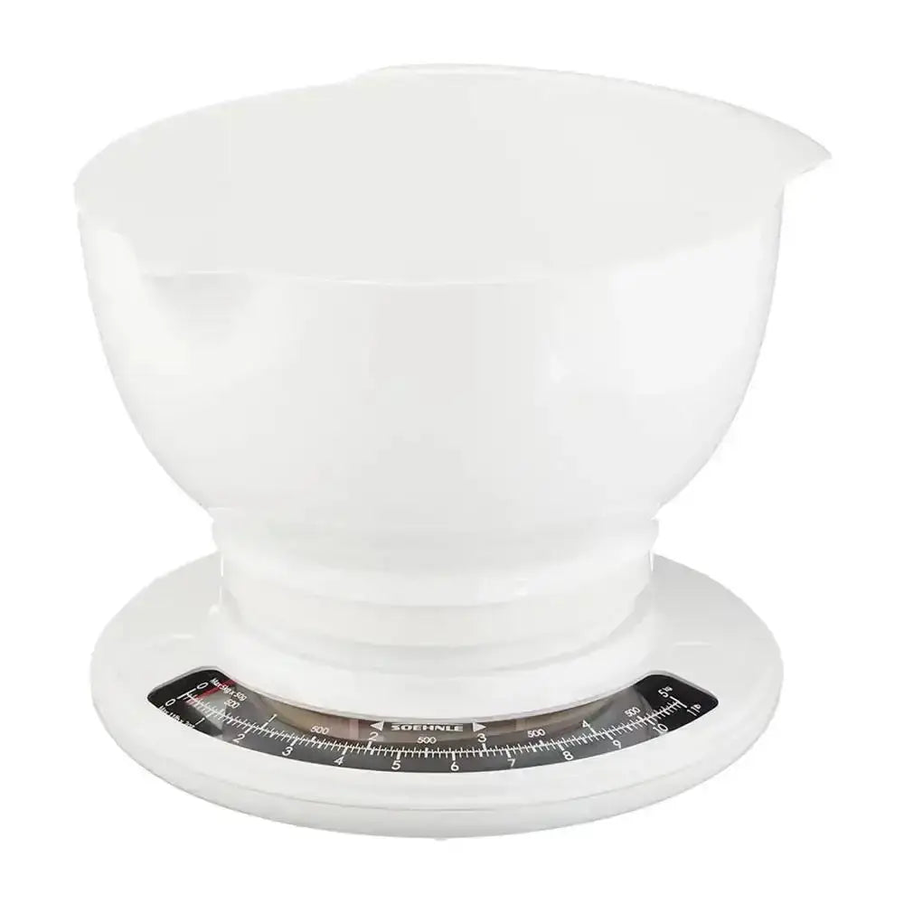 White kitchen scale with a bowl on a white background