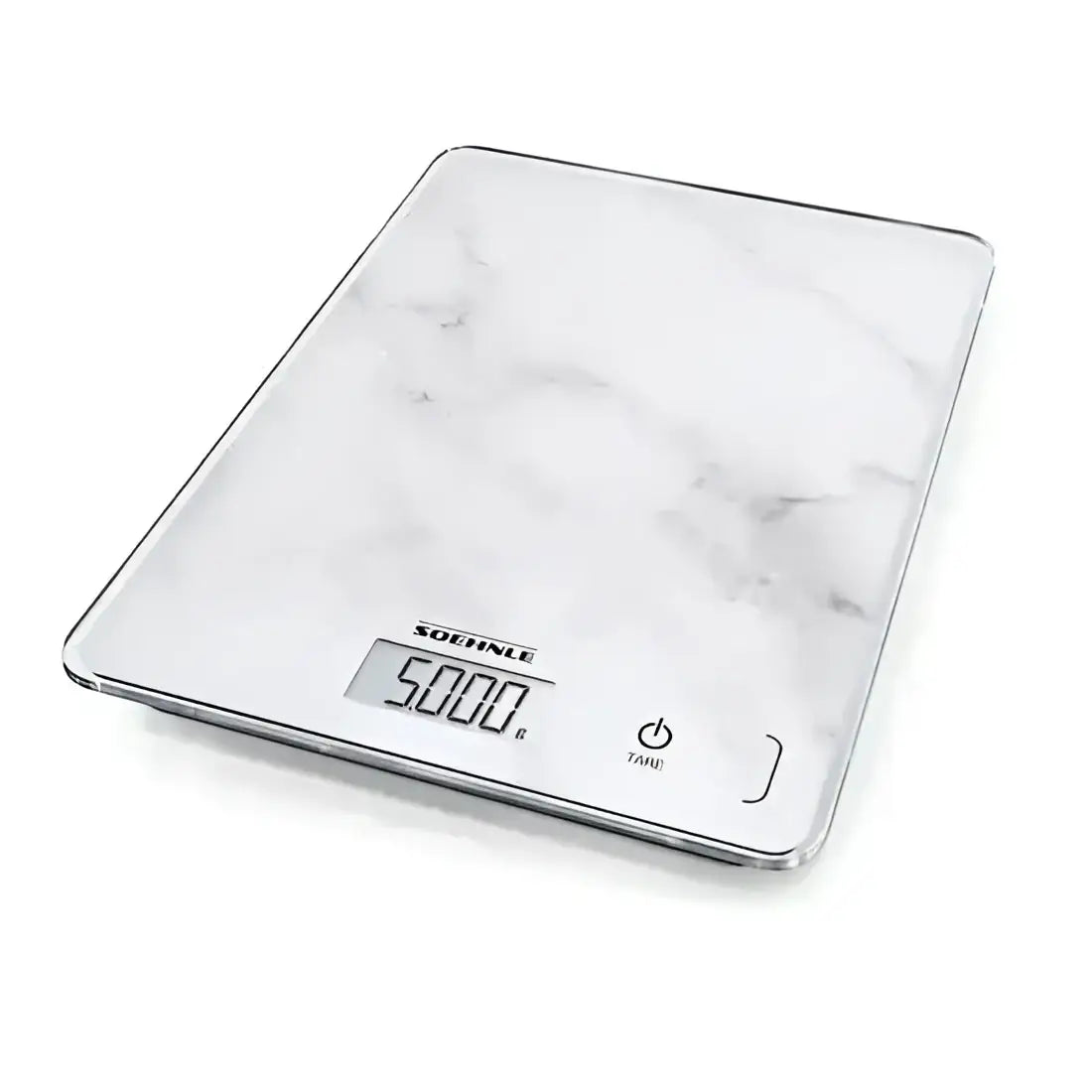 Digital kitchen scale with marble design, touchscreen buttons, and LCD display showing 5000 g.