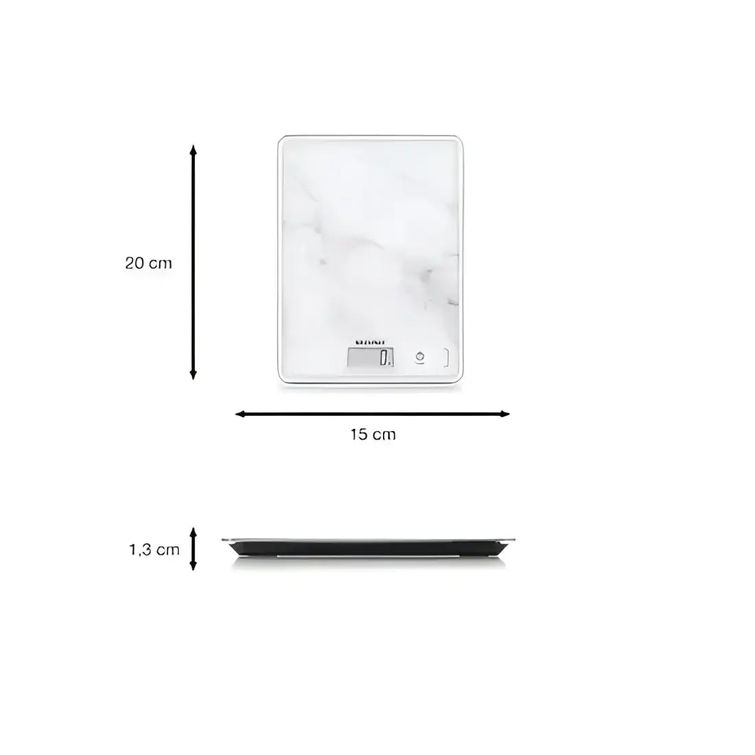 Digital kitchen scale with marble surface, LCD display, and dimensions 20x15x1.3 cm