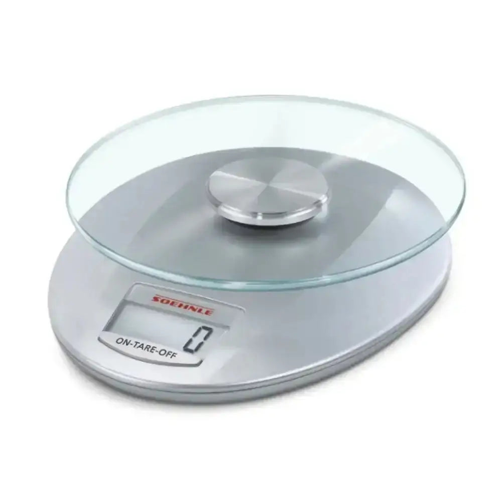Digital kitchen scale with glass lid on a white background