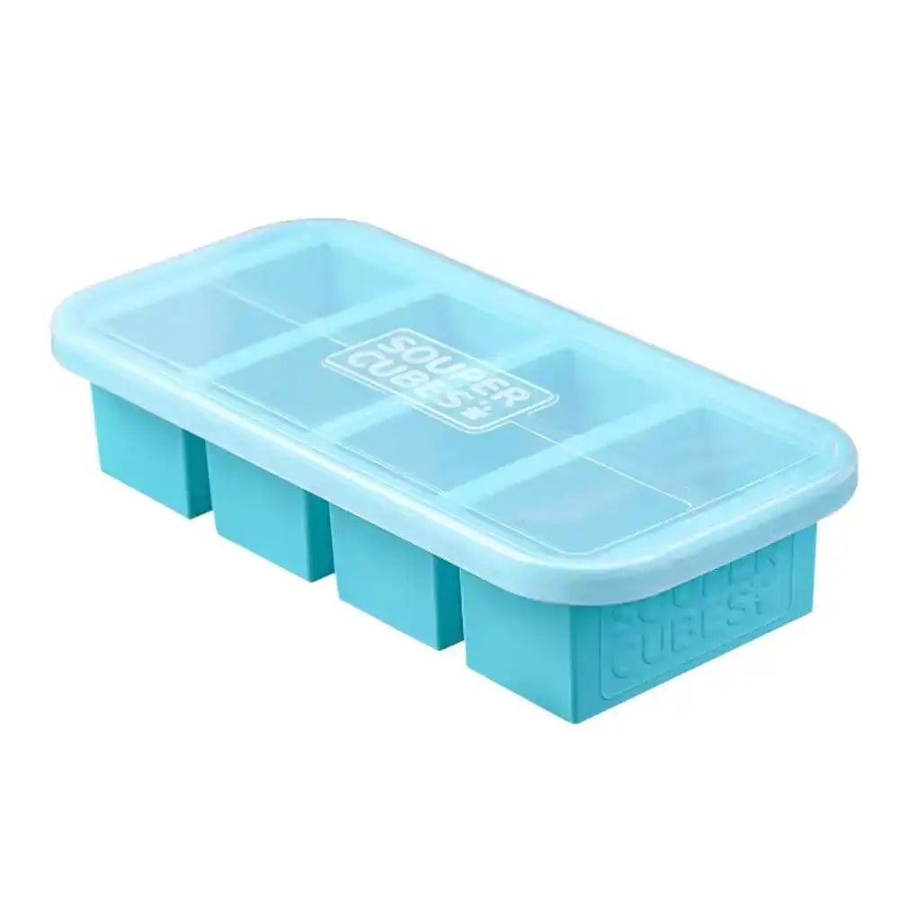 Blue ice cube tray with 'Souper Cubes' branding on a white background