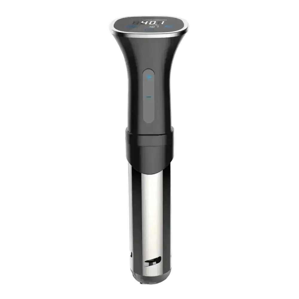 Black and silver immersion circulator on a white background