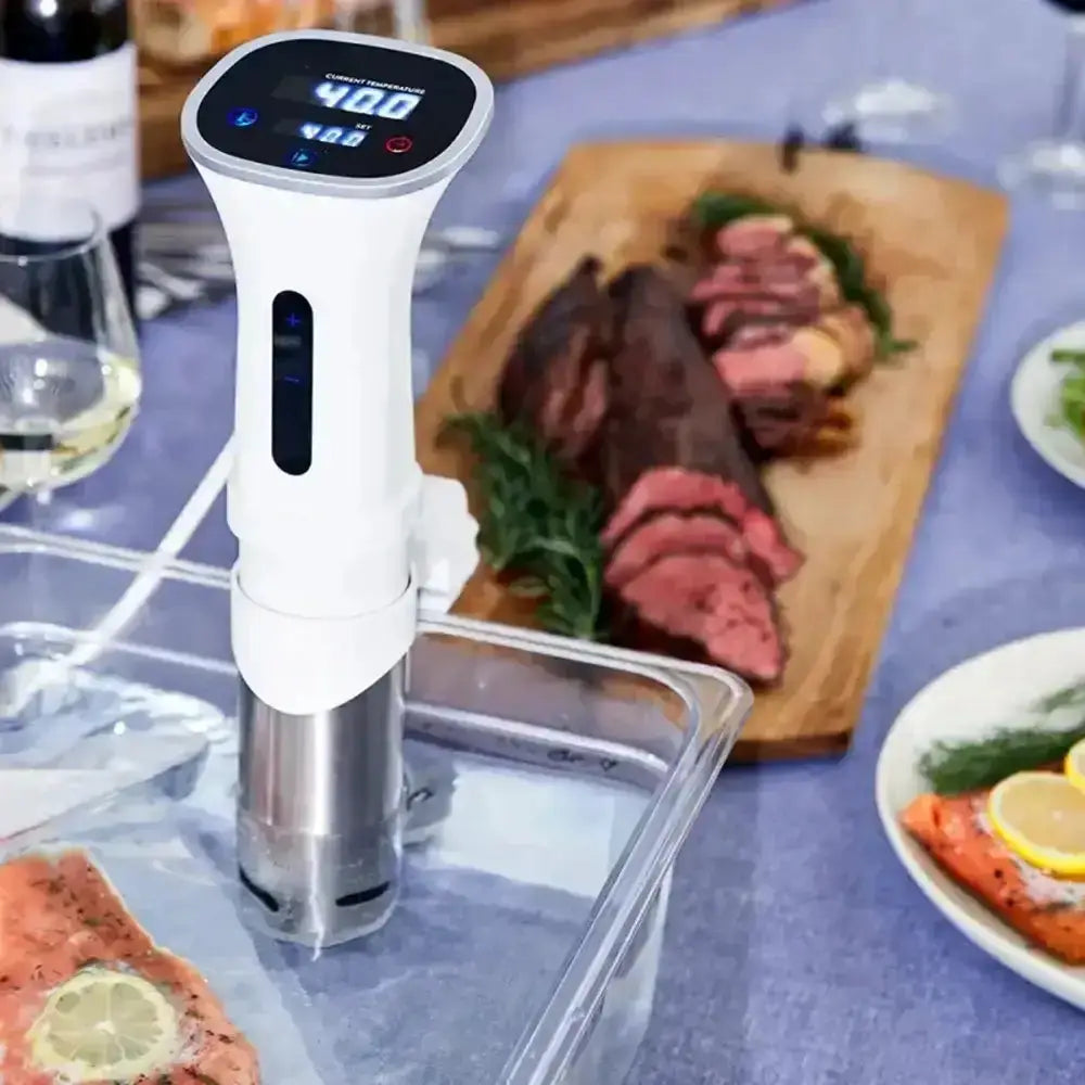 Vacuum sealer on a table with sliced meat and wine in the background