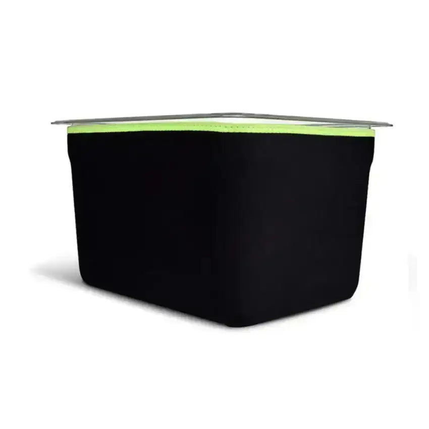 Black rectangular pouch with a green zipper on a white background