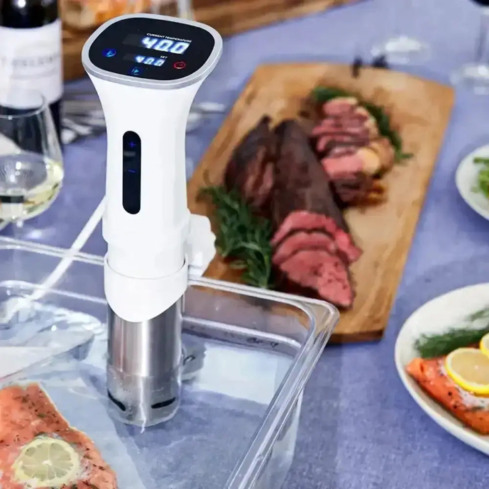 Vacuum sealer on a table with sliced meat and wine in the background