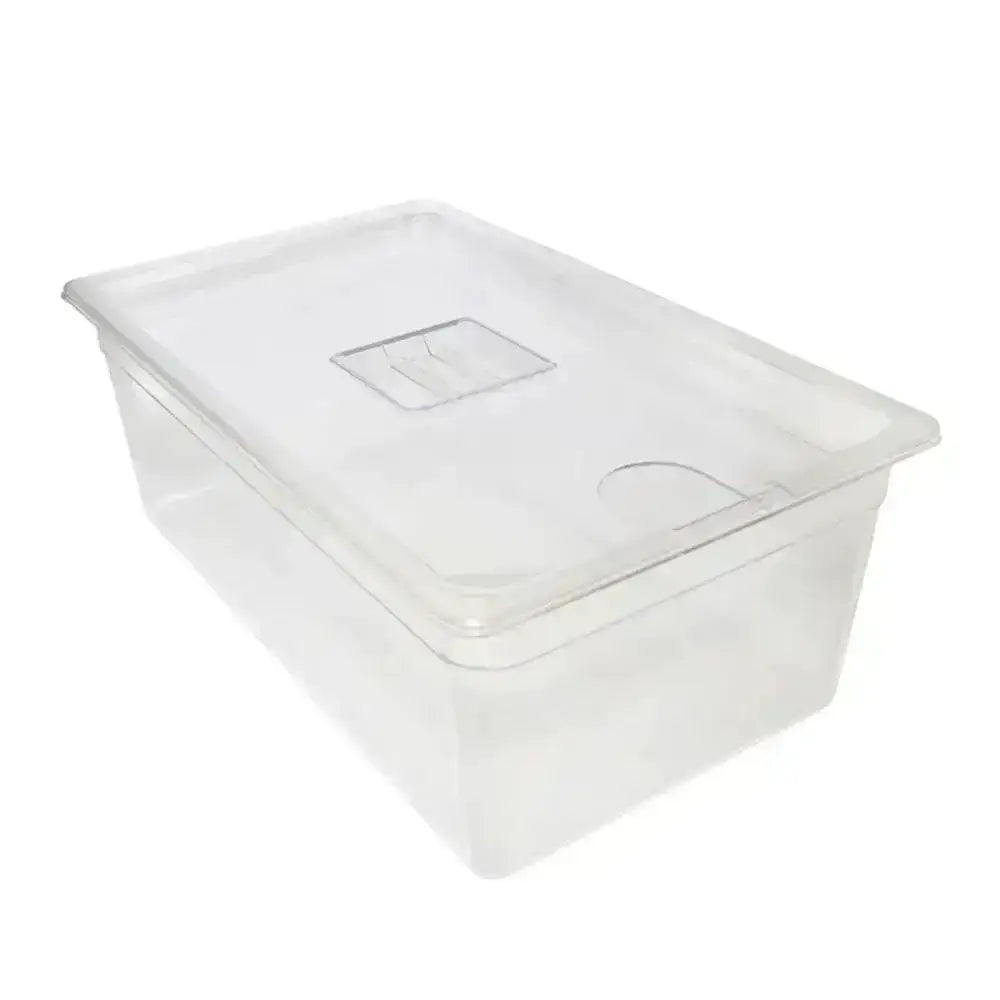 Clear plastic storage container with lid on a white background