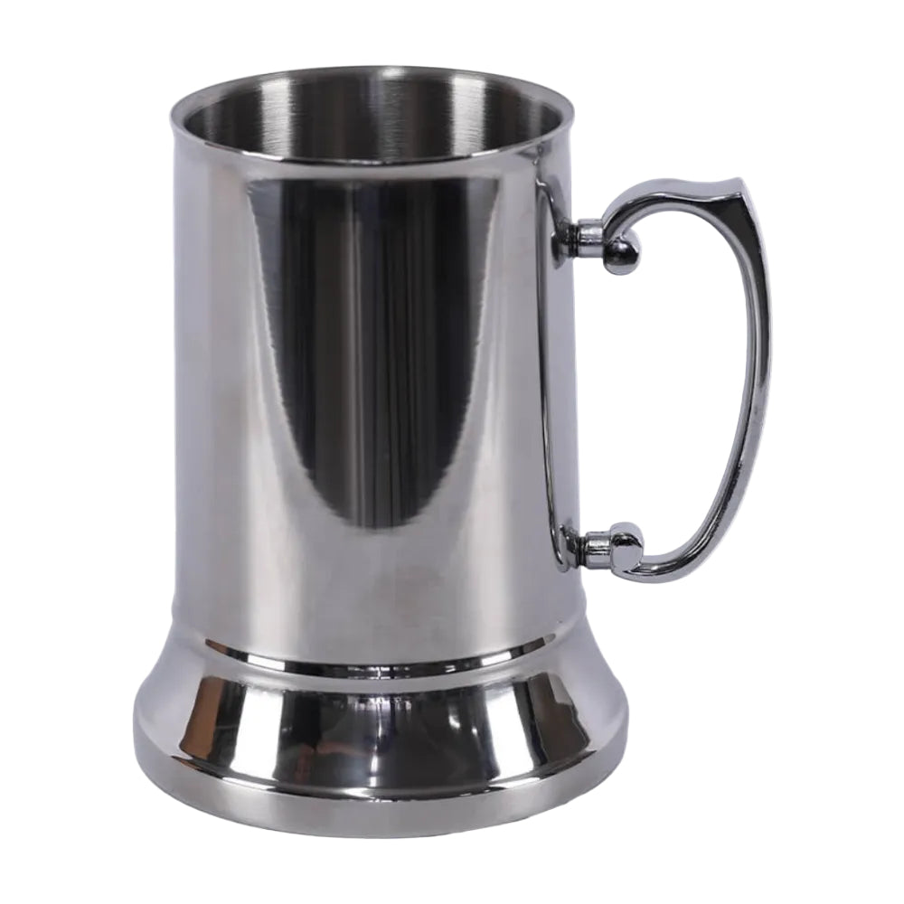 Stainless steel mug on a white background
