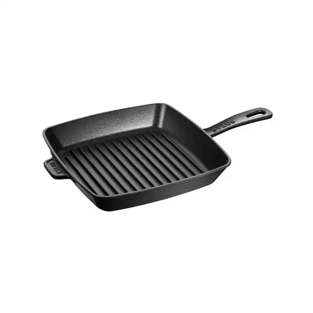 Black cast iron Staub American grill pan 26cm with ribbed surface and sturdy handle for grilling
