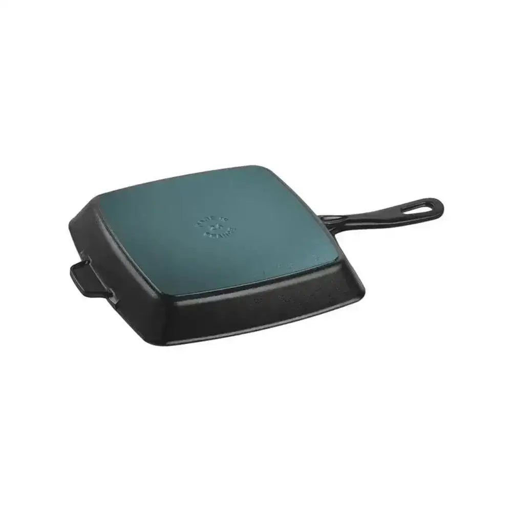 Staub American cast iron grill pan 26cm dark teal enameled square griddle with black handle and side loop