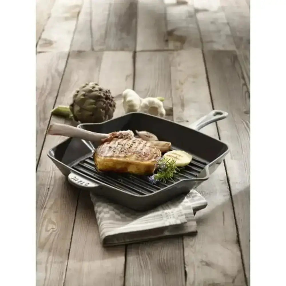 Staub American cast iron grill pan 26cm gray with wooden handle and raised edges for grilling and searing