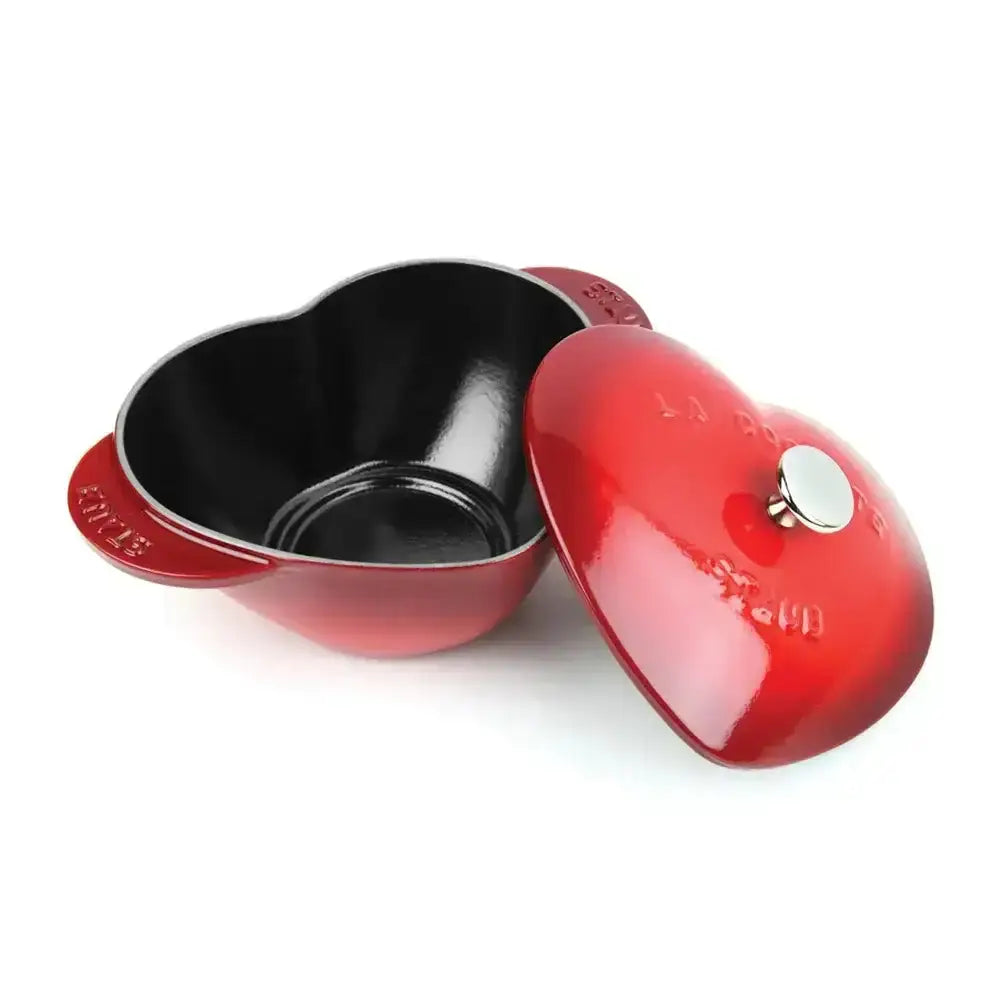 Staub cast iron cherry heart cocotte 1.75l red heart-shaped with glossy finish and black interior cooking pot