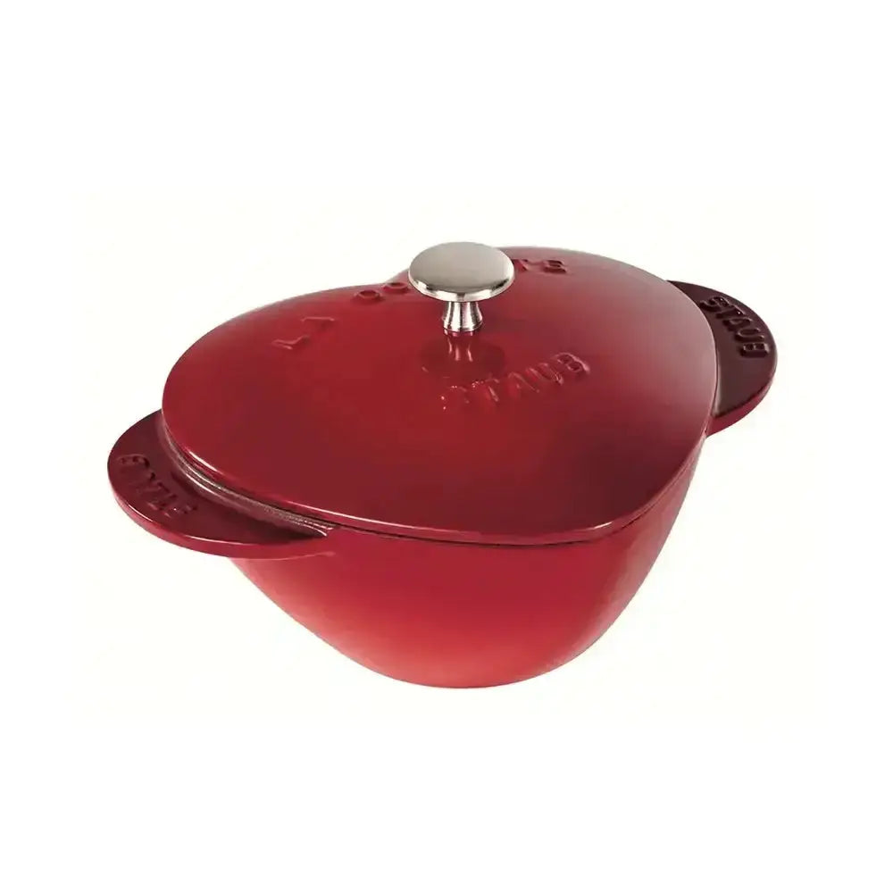 Staub cast iron heart-shaped cherry cocotte with vibrant red glossy enamel finish and silver knob 1.75l capacity