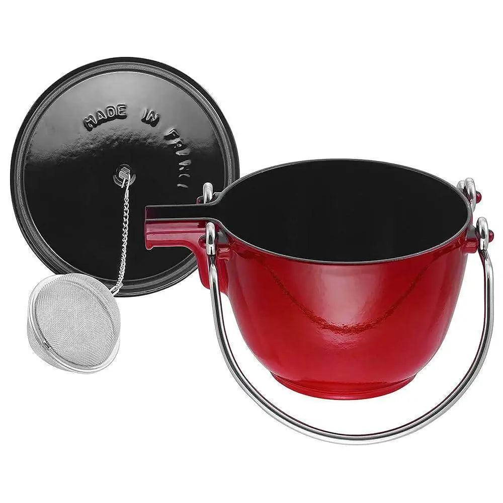 Staub cast iron round tea pot 1.15l grenadine red with red enameled cast iron body black lid and stainless steel strainer