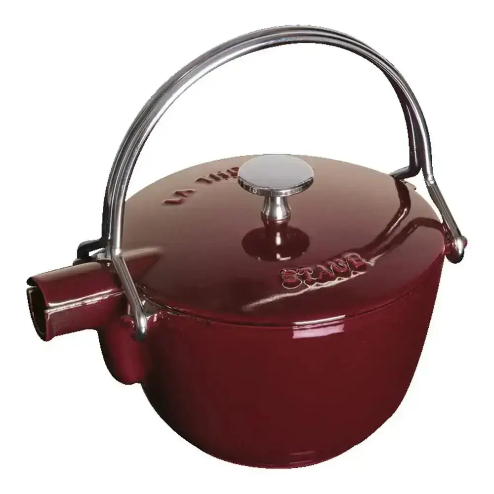 Staub cast iron round tea pot 1.15l grenadine red with glossy burgundy finish and stainless steel handle and lid knob
