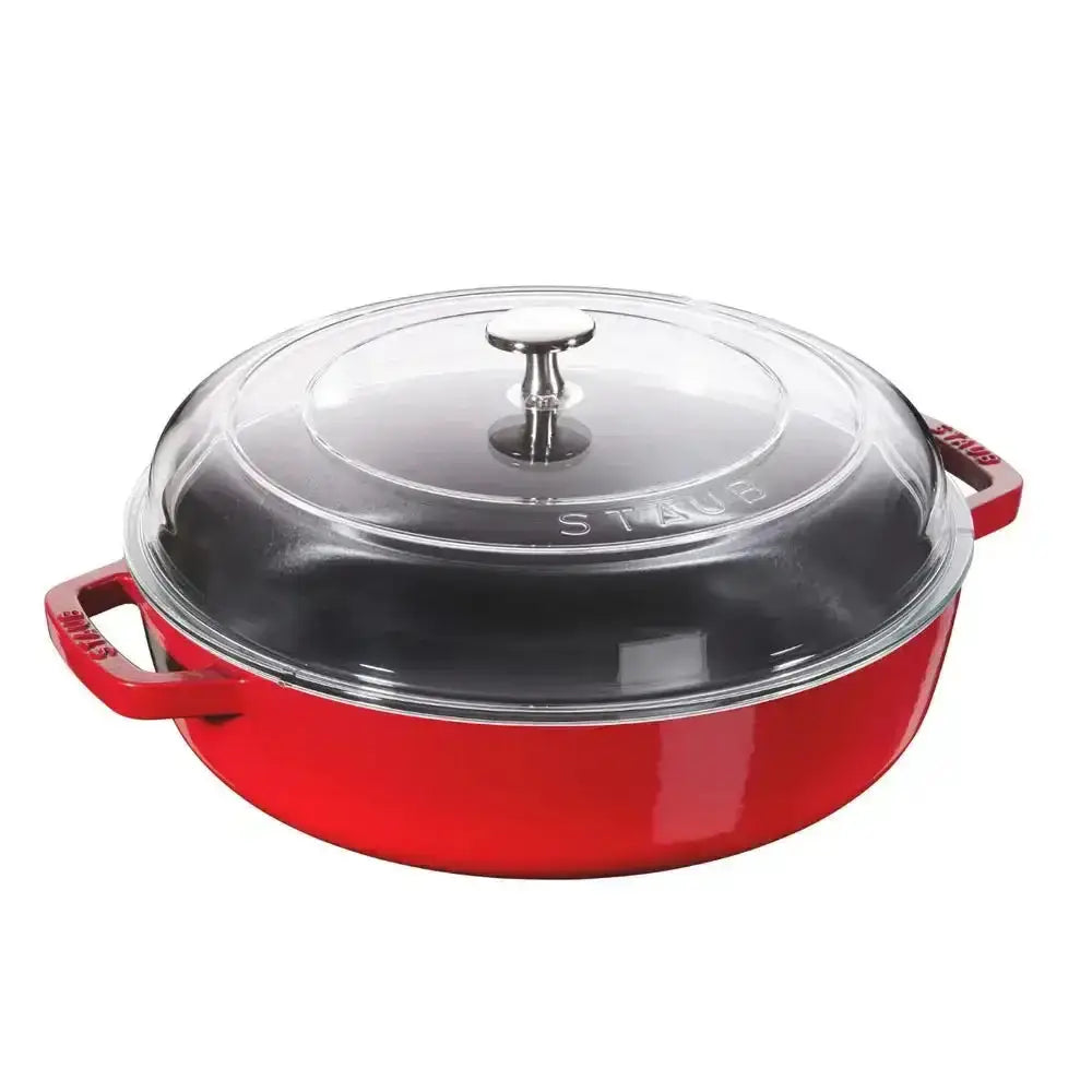 Staub cast iron saute pan 28cm cherry red with clear glass lid and silver knob for versatile stovetop cooking