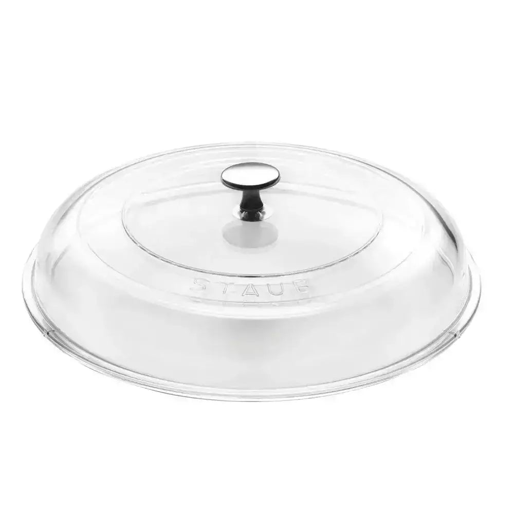 Clear glass lid with black handle and staub brand name for 28cm cherry red cast iron saute pan