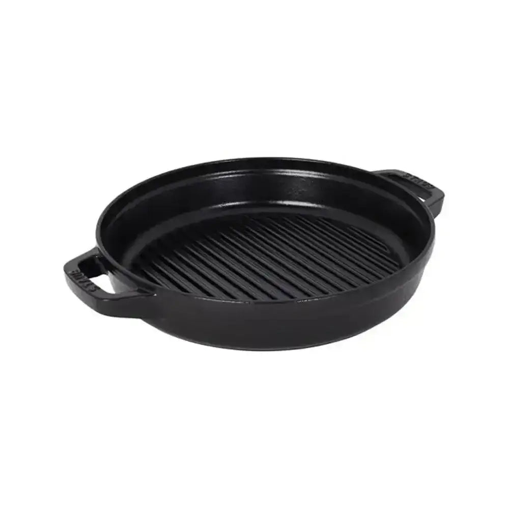Staub cast iron black grill pan with ribbed cooking surface and two side handles in stackable 4 piece cookware set