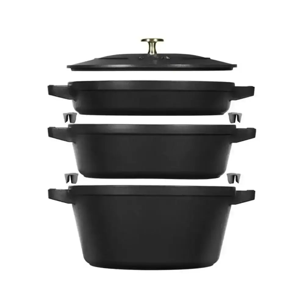 Staub cast iron stackable 4 piece cookware set black multi tiered steamer with gold toned lid handle