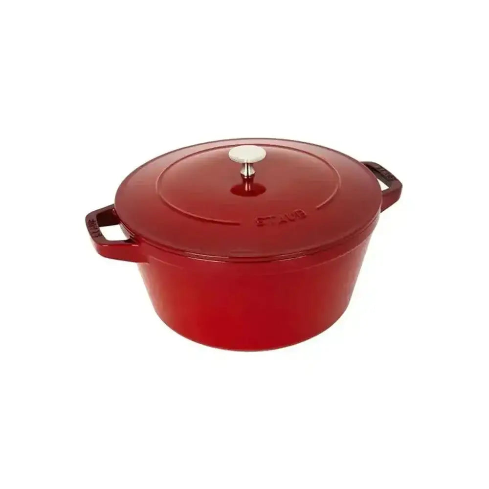 Staub cast iron stackable 4 piece cookware set featuring a red enameled cast iron dutch oven with white knob and black handles